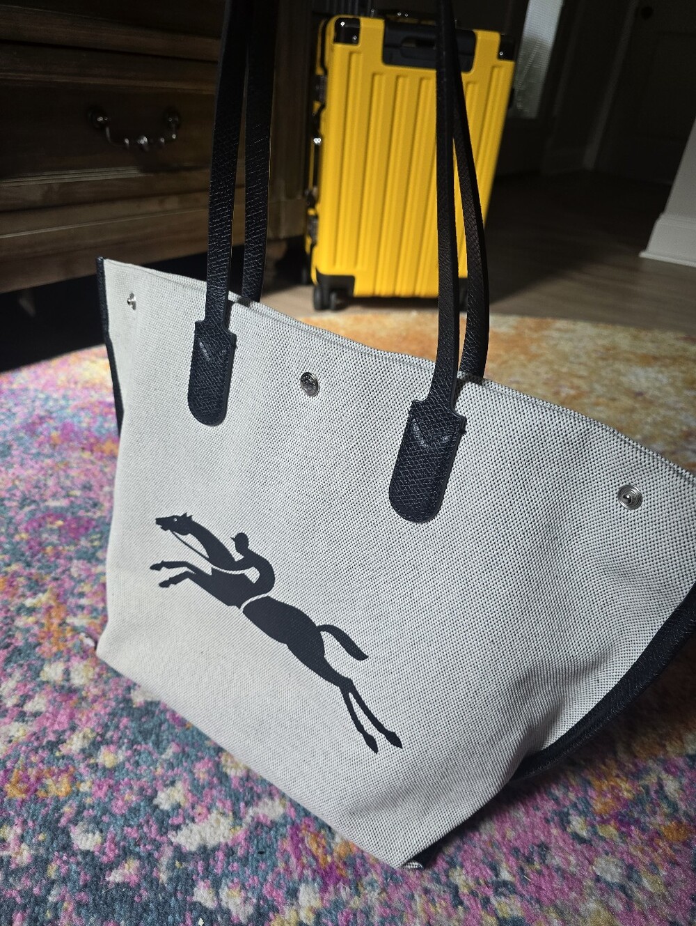 Authentic Longchamp Canvas Tote in Beige and Black